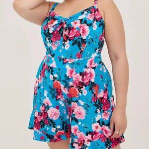 Torrid Sz 3X (22-24) Blue Floral Spaghetti Straps Ruffle Hem Romper Pockets NWT